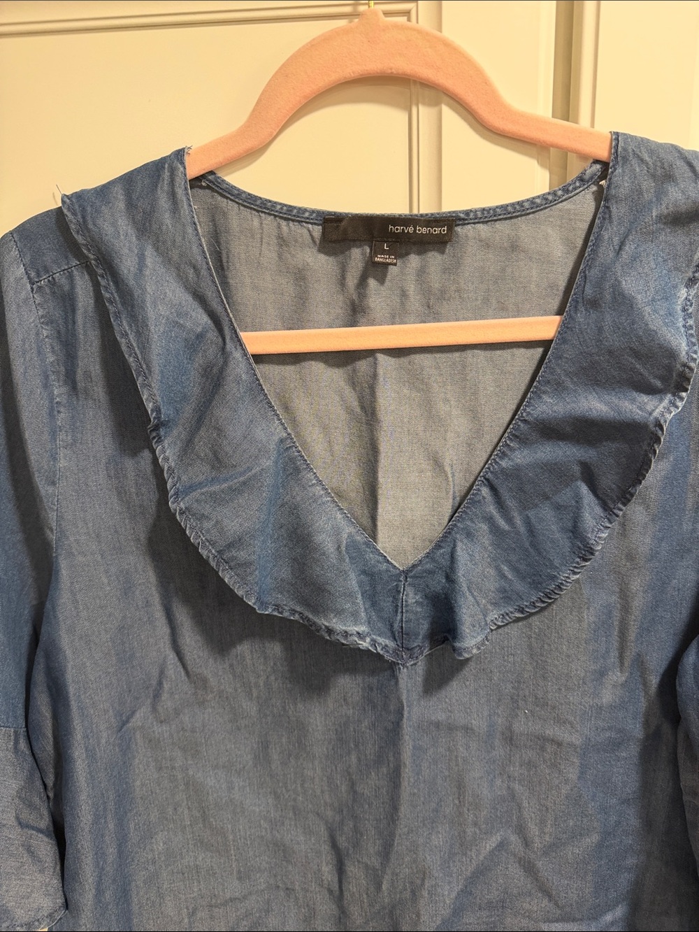 Harve Benard Light Blue Denim V-Neck Ruffle Blouse